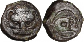 Greek Italy. Bruttium, Rhegion. AE 17 mm, 425-410 BC. Lion's mask facing. / Olive sprig. HN Italy 2520. AE. 4.78 g. 17.00 mm. Minor traces of tooling....