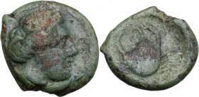 Greek Italy. Bruttium, Terina. AE 17 mm, circa 350-275 BC. Head of nymph right. / Crab; crescent between claws. HN Italy 2646 var. (head right); HGC 1...