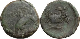 Sicily. Akragas. AE Hemilitron, end of 5th century-406 BC. Eagle standing on hare right. / Crab; below, cray-fish; around, pellets. CNS I 15; HGC 2 13...