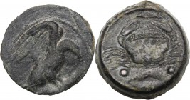 Sicily. Akragas. AE Hexas, before 406 BC. Eagle on fish right. / Crab; below, two pellets flanking fish. CNS I 73; HGC 2 148. AE. 7.06 g. 19.00 mm. Ab...