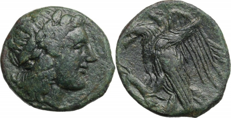 Sicily. Akragas. AE 19 mm, 275-240 BC. Head of Apollo right, laureate. / Two eag...