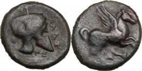 Sicily. Entella. Campanian Mercenaries. AE 21mm, 342-339 BC. Campanian helmet. / Pegasus flying right. CNS I 10; HGC 2 248; SNG Cop. 237. AE. 6.89 g. ...