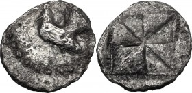 Sicily. Himera. AR Drachm, circa 530-520/15 BC. Cock standing left. / Incuse square with mill-sail pattern in segmented square. HGC 2 421; Kraay Group...