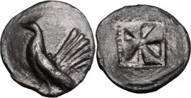 Sicily. Himera. AR Obol, circa 530-520/15 BC. Cock standing left. / Incuse square with mill-sail pattern enclosed within linear border. HGC 2 427. AR....