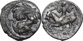 Sicily. Himera. AR Litra, circa 425-409 BC. Forepart of horned, human-headed creature, with lion’s legs and curled wing, left. / Male figure riding go...