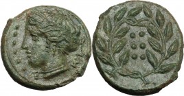Sicily. Himera. AE Hemilitron, c. 415-409 BC. Head of nymph left; six pellets before. / Six pellets within wreath. CNS I 35; HGC 2 479. AE. 3.83 g. 16...