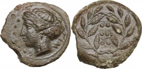 Sicily. Himera. AE Hemilitron, c. 415-409 BC. Head of nymph left; before, six pellets. / Six pellets within laurel wreath. CNS I 35; HGC 2 479. AE. 4....