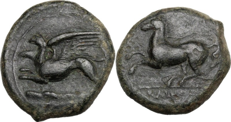 Sicily. Kainon. AE 23 mm, c. 365 BC. Griffin leaping left. / Bridled horse pranc...