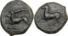 Sicily. Kainon. AE 23 mm, c. 365 BC. Griffin leaping left. / Bridled horse prancing left. CNS I 1; HGC 2 509. AE. 9.91 g. 23.00 mm. Good VF.