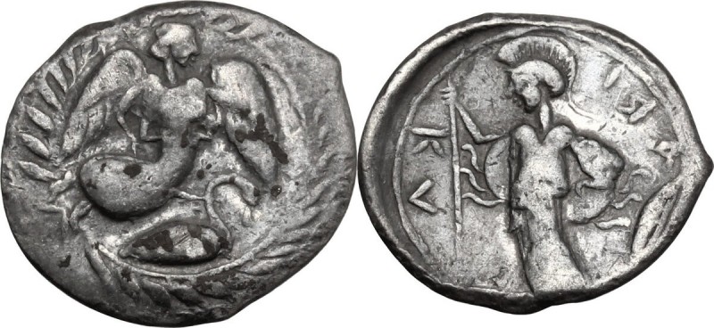 Sicily. Kamarina. AR Litra, 461-440/435 BC. Nike flying right, above swan swimmi...