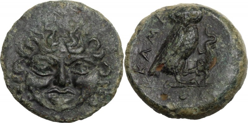 Sicily. Kamarina. AE Tetras, 420-410 BC. Gorgoneion facing. / Owl standing right...