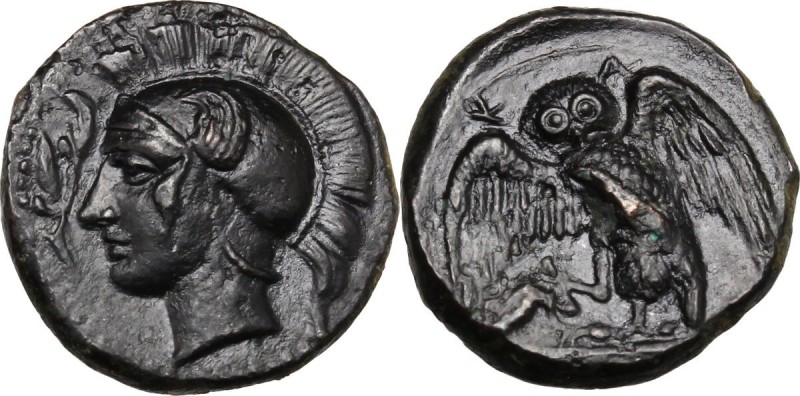 Sicily. Kamarina. AE Tetras or Trionkion, circa 410-405 BC. Helmeted head of Ath...