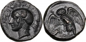 Sicily. Kamarina. AE Tetras or Trionkion, circa 410-405 BC. Helmeted head of Athena left; olive spray to left. / Owl standing facing, wings spread, gr...