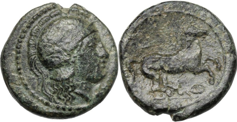 Sicily. Kamarina. AE 16 mm, 339-300 BC. Head of Athena right, helmeted. / Horse ...