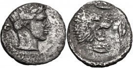 Sicily. Leontini. AR Drachm, circa 430-425 BC. Laureate head of Apollo right. / Lions' head right, with open jaws and protruding tongue; around, three...