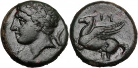 Sicily. Panormos as Ziz. AE 17 mm, c. 336-330 BC. Laureate head of Apollo left; dolphin behind. / Pegasos flying left. CNS I 8; HGC 2 1059. AE. 5.06 g...