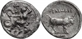 Sicily. Selinos. AR Litra, 466-415 BC. Nymph seated left on rock, holding serpent and raising veil with left hand; above, selinon leaf. / Man-headed b...