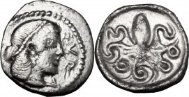 Sicily. Syracuse. Second Democracy (466-405 BC). AR Litra. Struck circa 466-460 BC. Head of Arethousa right, wearing pearl tainia. / Octopus. HGC 2 13...