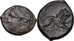 Sicily. Syracuse. Agathokles (317-289 BC). AE Litra. Struck circa 308/7 BC. Diademed head of Herakles left, hair bound with tainia. / Lion standing ri...