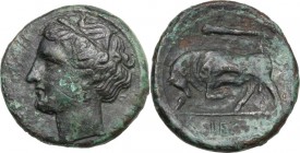 Sicily. Syracuse. Hieron II (274-216 BC). AE 19 mm. Head of Kore left, wearing wreath. / Bull butting left; above, club; in exergue, IE. CNS II 199; H...