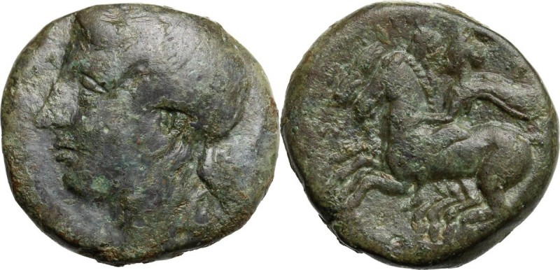 Sicily. Tyndaris. AE 19 mm, 254-212 BC. Female head left. / Dioscuri galloping l...