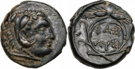 Continental Greece. Kings of Thrace. Lysimachos (305-281 BC). AE 14 mm. Head of Herakles right, wearing lion's skin. / Two corn-ears forming a wreath....