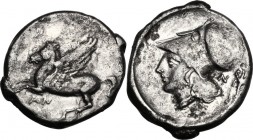 Continental Greece. Akarnania, Anactorium. AR Stater, 345-300 BC. Pegasos flying left; below, AN. / Head of Athena left, helmeted; behind, monogram an...