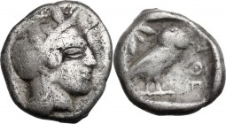 Continental Greece. Attica, Athens. AR Drachm, 479-393 BC. Head of Athena right, wearing helmet decorated with olive-wreath, frontal eyes. / Owl stand...