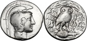 Continental Greece. Attica, Athens. Magistrates Epigene, Sosandros and Kallikra. AR Tetradrachm, 'New style', 125-124 BC. Head of Athena right, helmet...