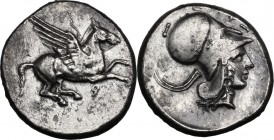 Continental Greece. Corinthia, Corinth. AR Stater, circa 400-375 BC. Pegasos flying right. / Helmeted head of Athena right; aphlaston to left. Pegasi ...