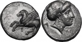 Continental Greece. Corinthia, Corinth. AR Drachm, circa 350-300 BC. Pegasos flying left; koppa below. / Head of Aphrodite right, hair in sakkos; A to...