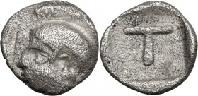 Continental Greece. Arkadia, Tegea. AR Fraction, c. 423-400 BC. Head of Athena Alea left, helmeted. / T within incuse square. BCD Peloponnesos 1721. H...