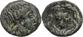 Greek Asia. Bithynia, Kios. AE 9 mm, 3rd century BC. Head of Mithras right, laureate. / Bunch of gapes within grain-wreath. cf. Naumann, auction 78, l...