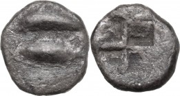Greek Asia. Mysia, Kyzikos. AR Obol, 550-500 BC. Two tunas. / Incuse square. AR. 0.93 g. 10.00 mm. Apparently unpublished in standard refences. About ...