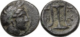 Greek Asia. Mysia, Kyzikos. AE 11 mm, 4th century BC. Head of Kore Soteira right, wearing wreath. / Tripod; below, tuna. SNG Cop. 56. AE. 1.32 g. 11.0...