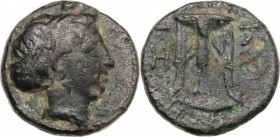 Greek Asia. Mysia, Kyzikos. AE 11 m, 4th century BC. Head of Kore Soteira right, wearing wreath. / Tripod; below, tuna. SNG Cop. 56. AE. 1.54 g. 11.00...