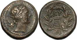 Greek Asia. Mysia, Kyzikos. AE 18 mm, 2nd-1st century BC. Head of Kore Soteira right, wearing wreath of corn. / Monogram within oak-wreath. BMC 150. A...
