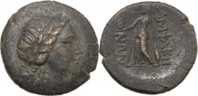 Greek Asia. Mysia, Lampsakos. AE 20 mm, 2nd-1st century BC. Head of Apollo right, laureate. / Athena standing left, holding Nike, leaning on shield se...