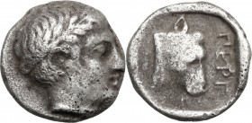 Greek Asia. Mysia, Pergamon. AR Obol, 440-early 4th century BC. Head of Apollo right, laureate. / Head of bull right; all in incuse square. SNG Cop. 3...