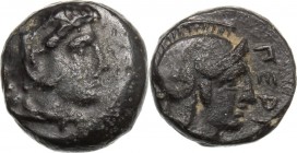 Greek Asia. Mysia, Pergamon. AE 8 mm, 310-284 BC. Head of Herakles right, wearing lion's skin. / Head of Athena right, helmeted. SNG Cop. 323var (posi...