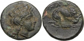 Greek Asia. Mysia, Plakia. AE 13 mm, 4th century BC. Head of Cybele right, turreted. / Lion devouring pray right; below, corn-ear. SNG Cop. 545. AE. 1...