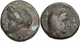 Greek Asia. Mysia, Teuthrania. Prokles, Satrap (400-399 BC). AE 9 mm. Head of Apollo left, wearing taenia. / Head of Prokles right, wearing bashlyk; b...