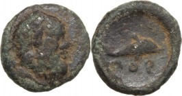 Greek Asia. Island off Mysia, Pordosilene. AE 9 mm, 400-380 BC. Head of Silenos right. / Dolphin right. HGC 6, 1100. AE. 0.57 g. 9.00 mm. R. A rare ty...