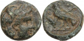 Greek Asia. Troas, Abydos. AE 9 mm, 4th century BC. Head of Apollo right, laureate. / Eagle standing left; before, symbol. SNG Cop. 36 (different symb...