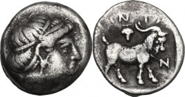 Greek Asia. Troas, Antandros. AR Trihemiobol, 440-400 BC. Head of Artemis Astyrene right. / Goat right; above, bunch of grapes; all within incuse squa...