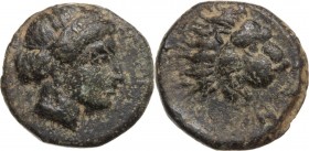 Greek Asia. Troas, Antandros. AE 9 mm, 440-400 BC. Head of Artemis Asyterne right. / Head of lion right. SNG Cop. 218. AE. 0.67 g. 9.00 mm. VF.