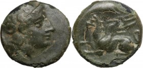 Greek Asia. Troas, Assos. AE 14 mm, 400-241 BC. Head of Athena right, helmted. / Griffin laying left. SNG Cop. 237-240. AE. 1.31 g. 11.00 mm. Glossy o...