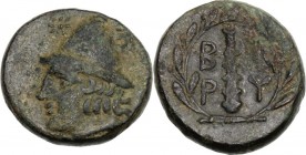 Greek Asia. Troas, Birytis. AE 17 mm, c. 300 BC. Head of Kabeiros left, wearing pileus, flanked by two stars. / Club within wreath. SNG Cop. 247-248. ...