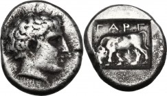 Greek Asia. Troas, Gargara. AR Drachm, circa 450-400 BC. Bare head of Apollo right. / ΓΑΡΓ. Bull standing left, with head lowered; all within incuse. ...