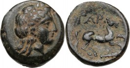 Greek Asia. Troas, Gargara. AE 13 mm, 4th century BC. Head of Apollo right, lauraete. / Horse galloping right; below, club. SNG Cop. 324. AE. 2.04 g. ...